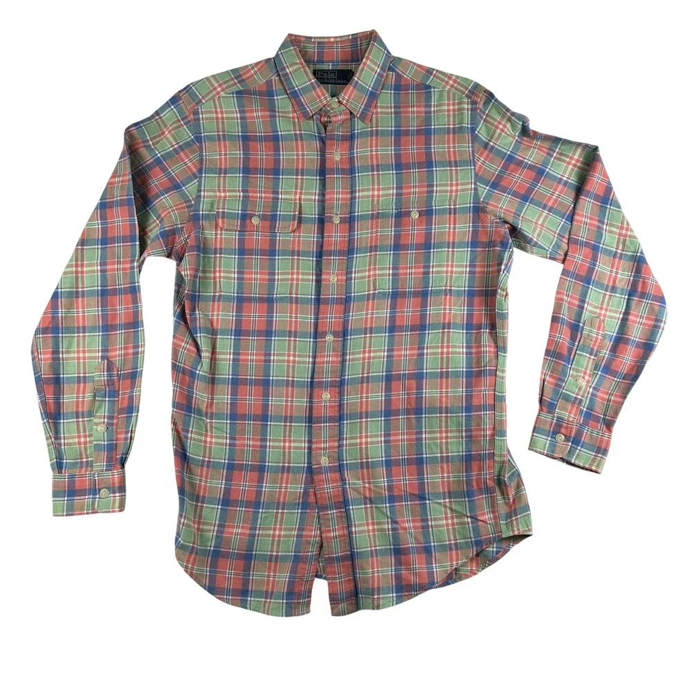 Polo Ralph Lauren Shirt Mens Medium Red Green Plaid Long Sleeve Button Front